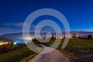 Beautiful landscape of the road to the Tatra Mountains at night. Poland