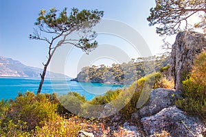 Beautiful landscape of rocky coast and blue lagoon in Turkey, Oludeniz