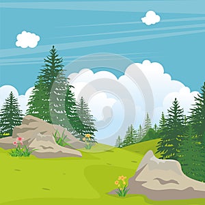 Beautiful landscape with rocky hill, Lovely and cute scenery cartoon design.