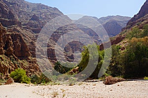 Beautiful landscape of rocky mountains in Wadi Shab in Oman