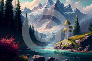 Beautiful landscape with rocky outcropping and distant mountains, generative ai