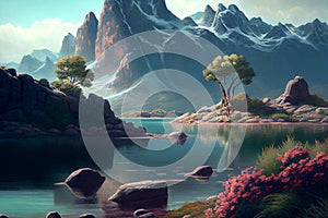 Beautiful landscape with rocky outcropping and distant mountains, generative ai