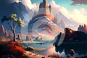 Beautiful landscape with rocky outcropping and distant mountains, generative ai