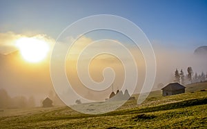 Beautiful landscape Romanian village foggy sunrise sunlight fog Romania idyllic countryside country life rural