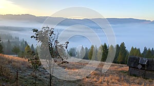 Beautiful landscape Romanian village foggy sunrise sunlight fog in Romania idyllic countryside country life rural, 4k