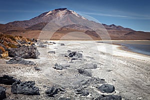 Beautiful landscape of the Salar Surire, Isluga Volcano National Park located more than 4500 meters, in the region of Arica and