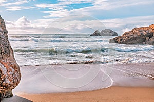 Beautiful landscape, sandy shore of the North Pacific Ocean near Sutro Baths in San Francisco, USA with a view of the Seal Rocks