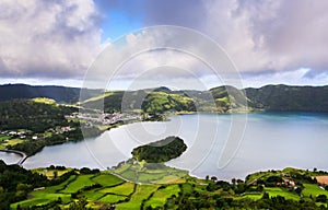 Beautiful landscape sceneries in Azores Portugal. Tropical nature in Sao Miguel Island, Azores. photo