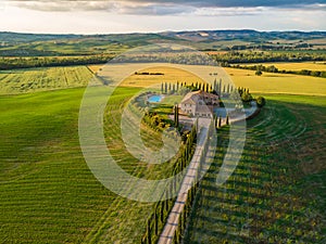 Beautiful landscape scenery of Tuscany in Italy - cypress trees along white road - aerial view -  close to Pienza, Tuscany, Italy