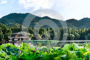 The beautiful landscape scenery of Xihu West Lake and pavilion in Hangzhou CHINA