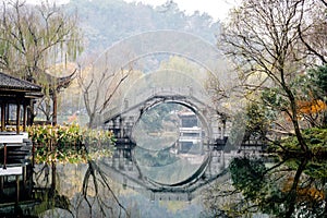 The beautiful landscape scenery of Xihu West Lake and pavilion in Winter at Hangzhou CHINA