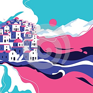 Beautiful landscape of scenic village on edge of island in the middle of the sea in blue and pink. Vector illustration for poster