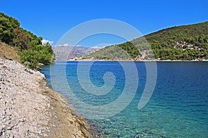 Beautiful landscape of sea Coast of Adriatic sea with Transparent Blue Water in Pucisca, Croatia. Island of Brac summertime