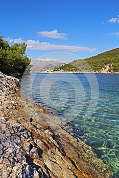 Beautiful landscape of sea Coast of Adriatic sea with Transparent Blue Water in Pucisca, Croatia. Island of Brac summertime