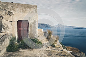 Beautiful landscape with sea view of the Nea Kameni, a small Greek island in the Aegean Sea near Santorini