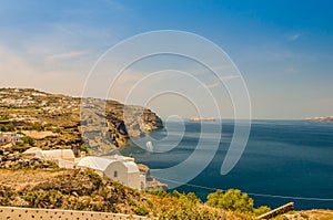 Beautiful landscape with sea view of the Nea Kameni, a small Greek island in the Aegean Sea near Santorini