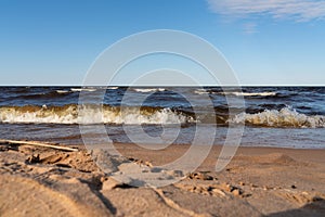 Beautiful landscape of sea waves on the shores of a sandy beach. Wallpaper design