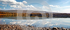 Beautiful landscape, the shore of Lake Snasa in Norway, soft focus through the flowers