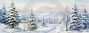 Beautiful landscape with snow. Christmas banner. Watercolor illustration for design, print.