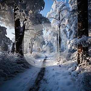 Beautiful landscape, snowy road in the forest between the trees, winter sseason. Generative AI photo