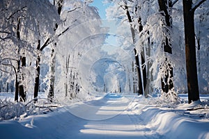 Beautiful landscape, snowy road in the forest between the trees, winter sseason. Generative AI photo