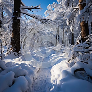 Beautiful landscape, snowy road in the forest between the trees, winter sseason. Generative AI photo