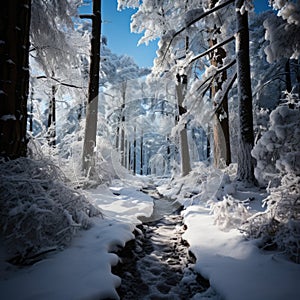 Beautiful landscape, snowy road in the forest between the trees, winter sseason. Generative AI