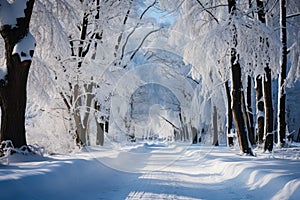 Beautiful landscape, snowy road in the forest between the trees, winter sseason. Generative AI photo