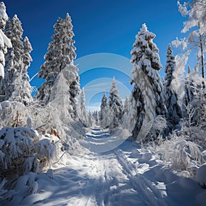 Beautiful landscape, snowy road in the forest between the trees, winter sseason. Generative AI