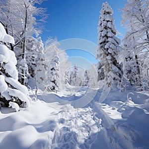 Beautiful landscape, snowy road in the forest between the trees, winter sseason. Generative AI