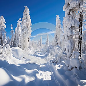 Beautiful landscape, snowy road in the forest between the trees, winter sseason. Generative AI photo