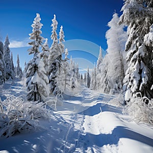 Beautiful landscape, snowy road in the forest between the trees, winter sseason. Generative AI photo