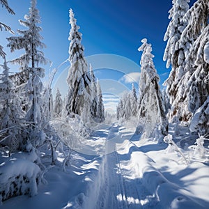 Beautiful landscape, snowy road in the forest between the trees, winter sseason. Generative AI photo