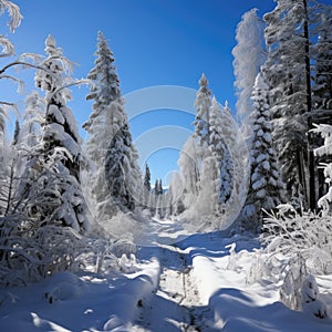 Beautiful landscape, snowy road in the forest between the trees, winter sseason. Generative AI photo