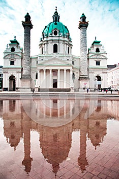 Beautiful landscape with St. Charles`s Church Karlskirche in Vienna, Austria