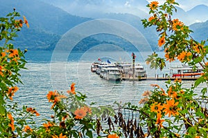 Beautiful Landscape of Sun Moon Lake in the morning with mountain background and yellow flower foreground at Nantou, Taiwan