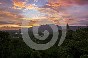 beautiful landscape sun rising sky and buddha pagoda in chonburi eastern thailand