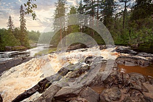 Beautiful landscape of sunrise, forest and brown mountain river