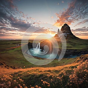 Beautiful landscape with sunrise on Kirkjufellsfoss waterfall and Kirkjufell mountain, Iceland, Europe. made with