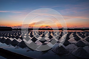 Beautiful landscape at sunset Agriculture  salt Farming. sea-salt production in the country, Sunset in Salt farming at Samut