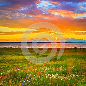 Beautiful landscape. Sunset over the river Kama