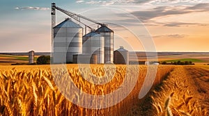 Beautiful landscape of sunset over wheat field at summer, Agricultural Silos for storage and drying of grains, wheat, corn, soy,