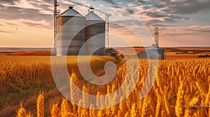 Beautiful landscape of sunset over wheat field at summer, Agricultural Silos for storage and drying of grains, wheat, corn, soy,