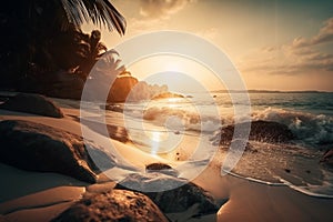 Beautiful landscape with sunset of paradise tropical island beach. Beach vacation summer holidays with sunrise. Generative AI