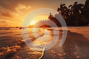 Beautiful landscape with sunset of paradise tropical island beach. Beach vacation summer holidays with sunrise. Generative AI