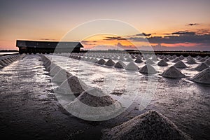 Beautiful landscape at sunset salt Farming. sea-salt production in the country,