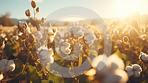 Beautiful landscape of sustainable and eco-friendly cotton farm during harvest season