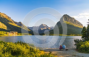 Beautiful landscape at Swiftcurrent Lake  when sunrise in Many Glacier area ,Montana`s Glacier National Park,Montana,usa