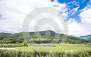 Beautiful landscape of Takayama mura at sunny summer or spring day and blue sky in Kamitakai District in northeast Nagano