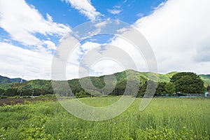 Beautiful landscape of Takayama mura at sunny summer or spring day and blue sky in Kamitakai District in northeast Nagano